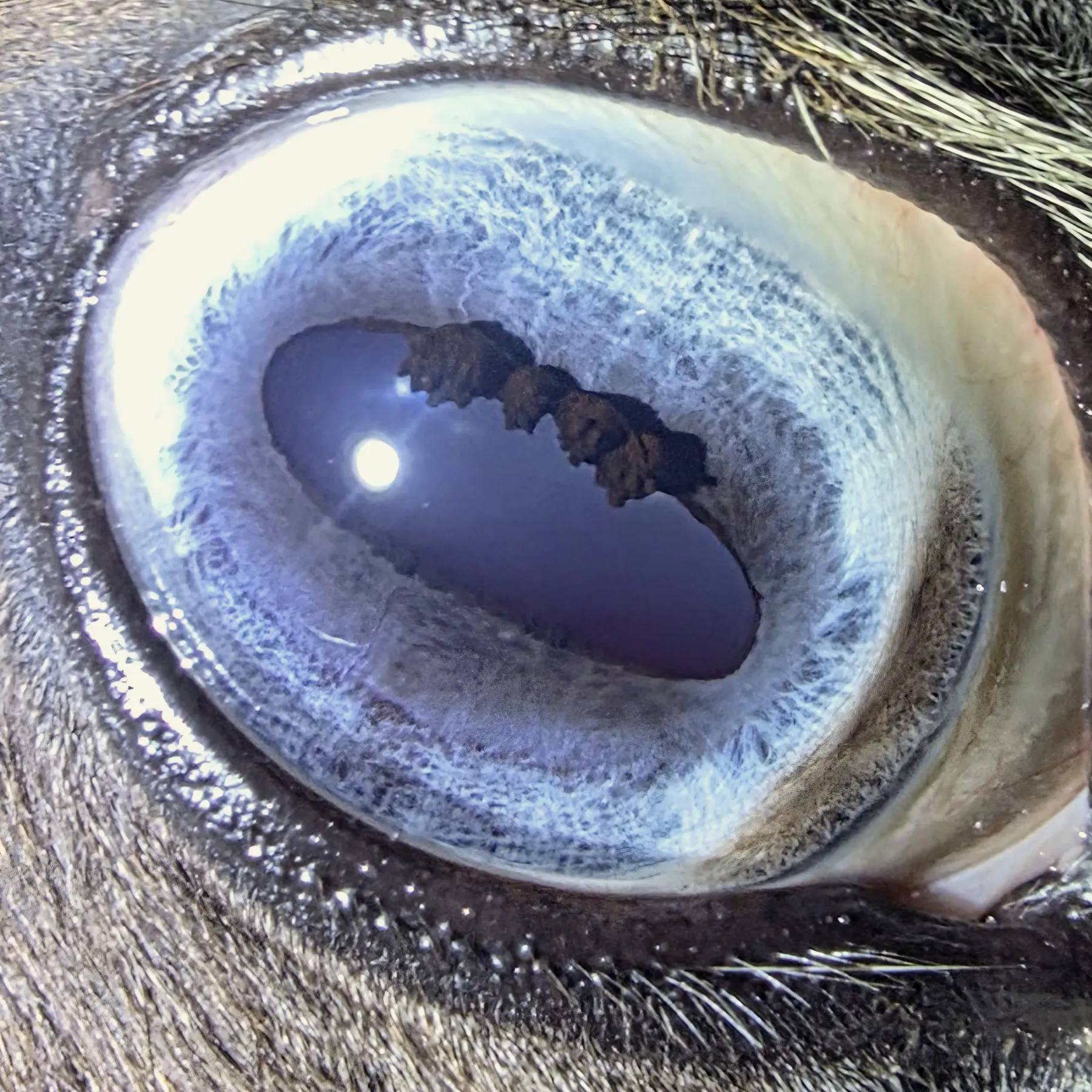 Macro photograph of a horse's iris, showing the fibre structure and the corpora nigra